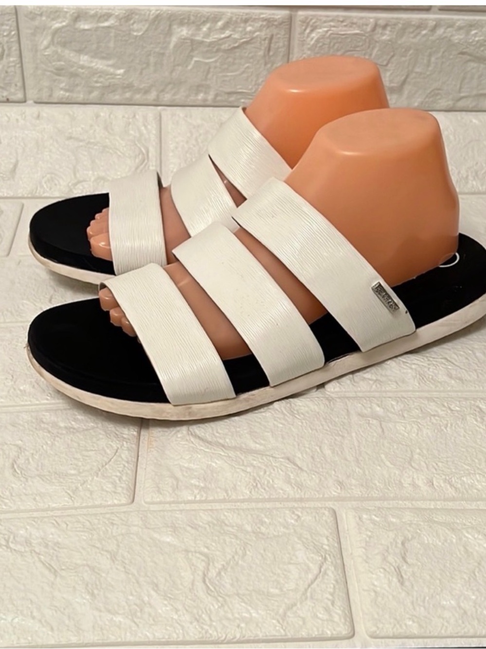Calvin Klein White Triple-Strap Slide Sandals with Black Footbed